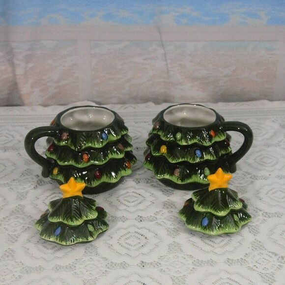Mr Christmas Lidded Tree Mugs 16 oz Hand Painted Ceramic - Picture 2 of 5